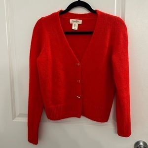 Hot red cardigan with gold heart buttons